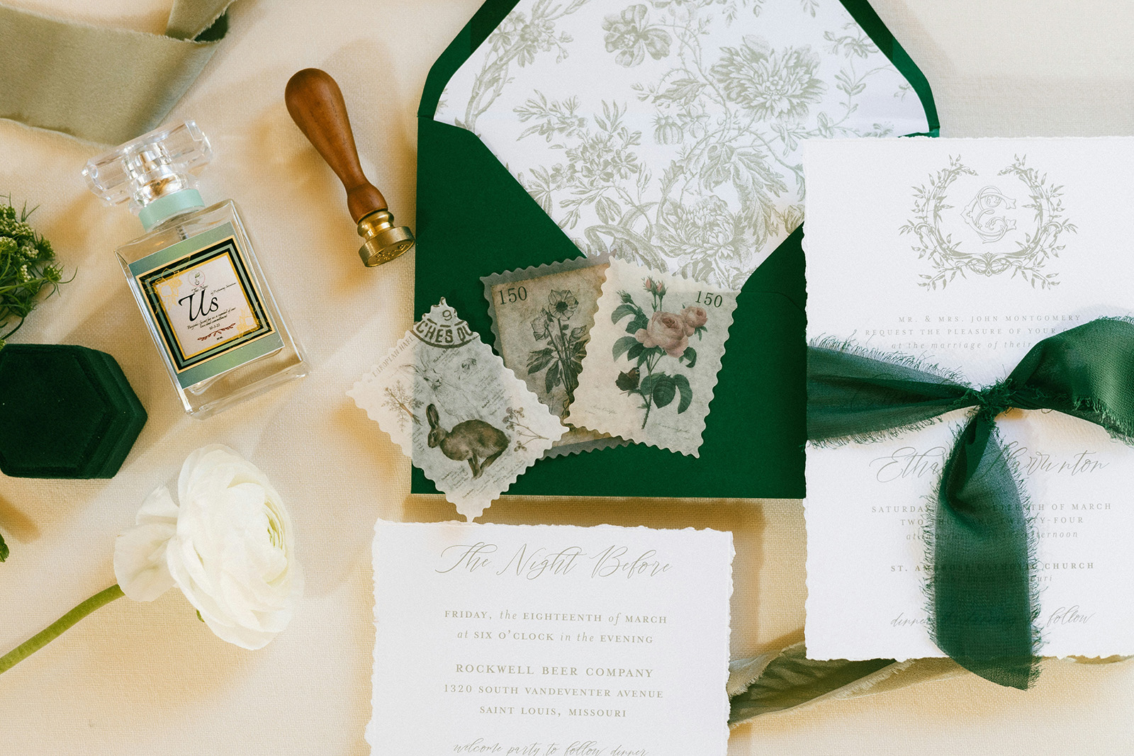vintage wedding details in rich green tones
